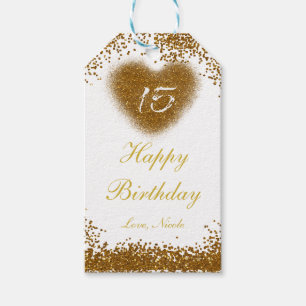 Gold Glitter Heart 15 Quinceincera Gift Tag