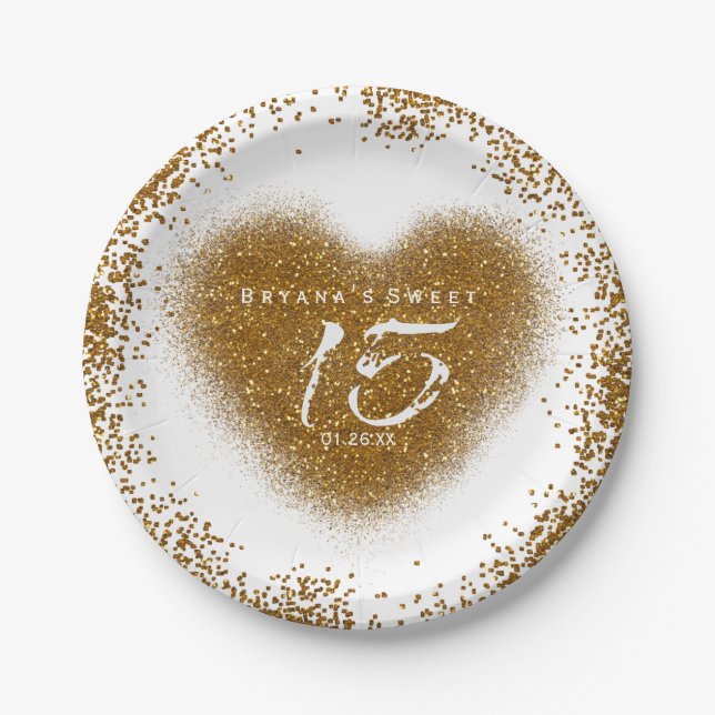 Gold Glitter Heart 15 Quinceincera Party Plates (Front)