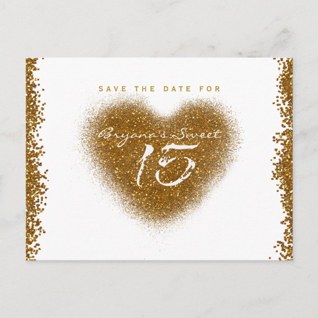 Gold Glitter Heart 15 Quinceincera Save The Date Announcement Postcard (Front)