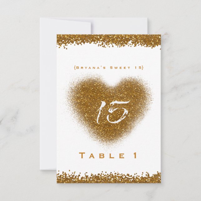 Gold Glitter Heart 15 Quinceincera Table Number (Front)