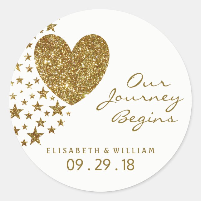Gold Glitter Heart and Stars Wedding Classic Round Sticker (Front)