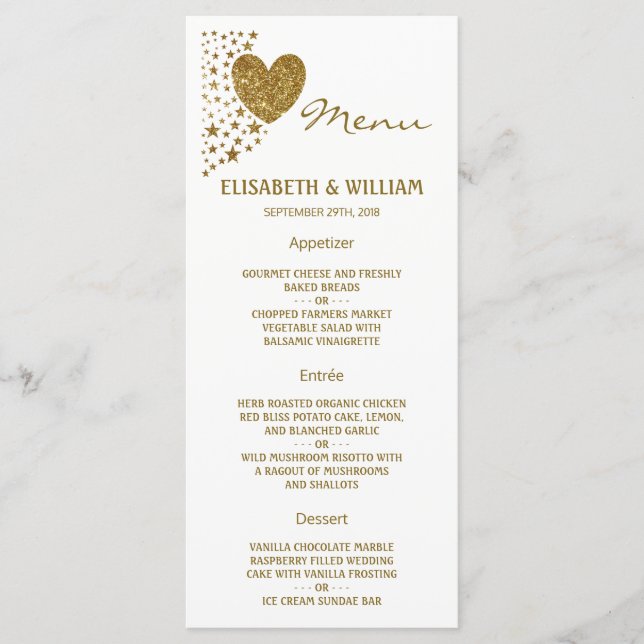 Gold Glitter Heart and Stars Wedding Menu (Front)