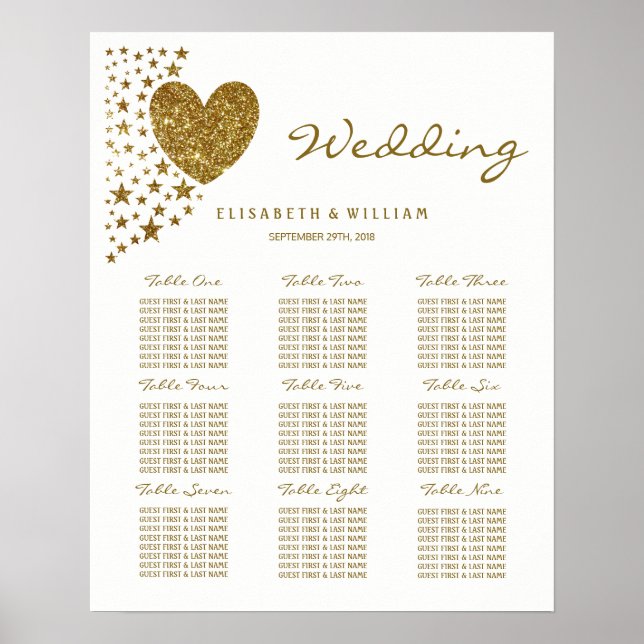 Gold Glitter Heart and Stars Wedding Poster (Front)
