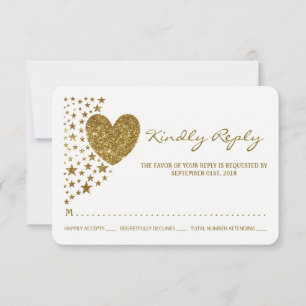 Gold Glitter Heart and Stars Wedding RSVP Card