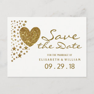 Gold Glitter Heart and Stars Wedding Save The Date Announcement Postcard