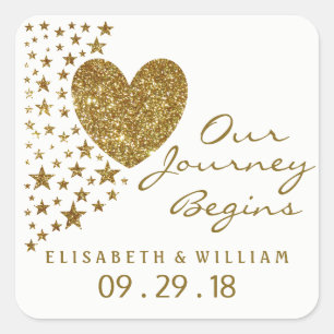 Gold Glitter Heart and Stars Wedding Square Sticker