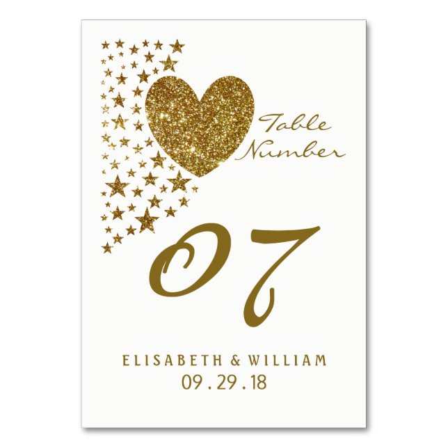 Gold Glitter Heart and Stars Wedding Table No. Table Number (Front)