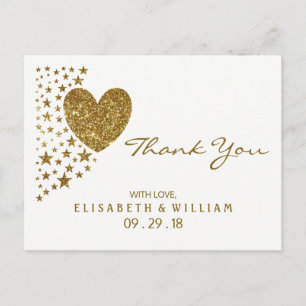 Gold Glitter Heart and Stars Wedding Thank You Postcard