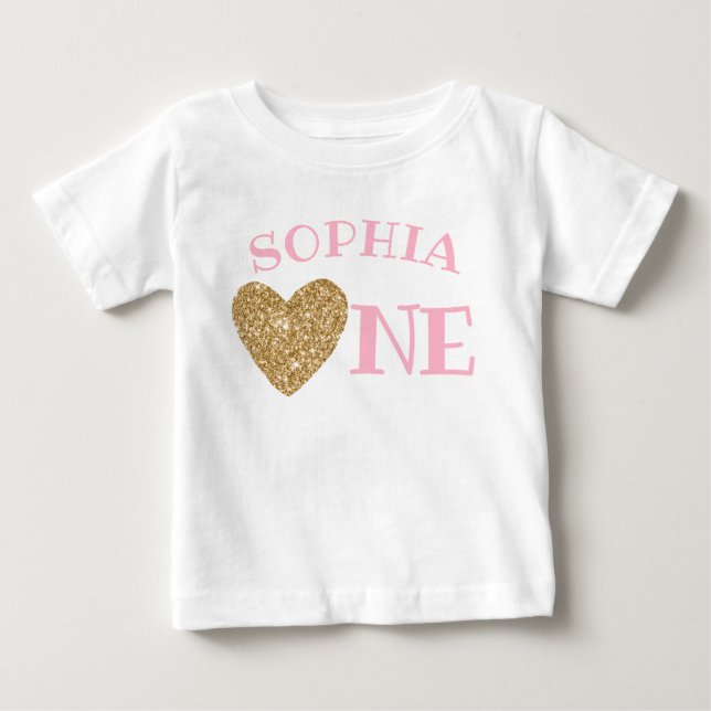 Gold Glitter Heart Cute Girl First Birthday Baby T-Shirt (Front)