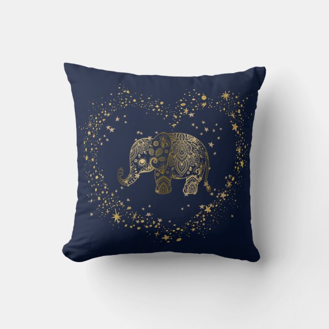 Gold Glitter Heart Frame Gold Floral Elephant Cushion (Front)