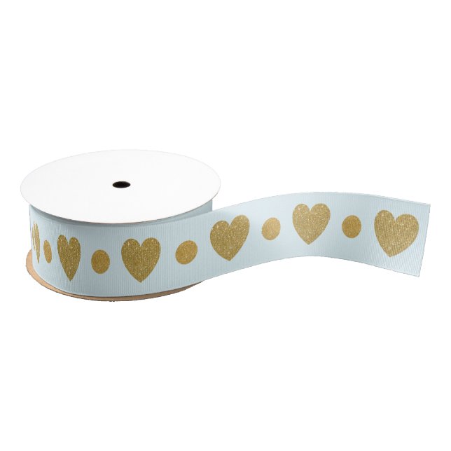 Gold Glitter Heart on Light Blue Grosgrain Ribbon (Spool)
