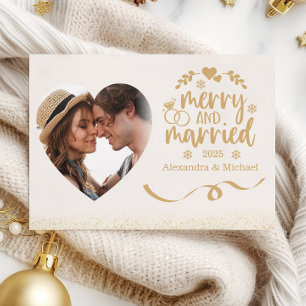 Gold Glitter Heart Photo Merry & Married  Holiday Card