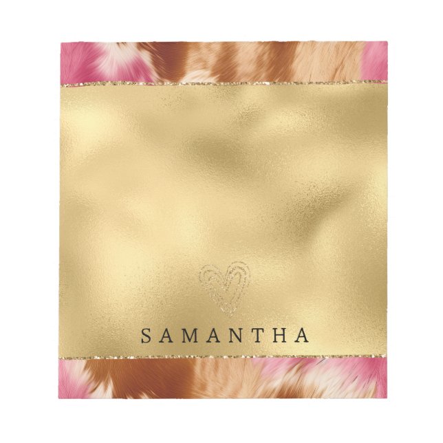 Gold Glitter Heart Pink Cowhide Western Cowgirl Notepad (Front)