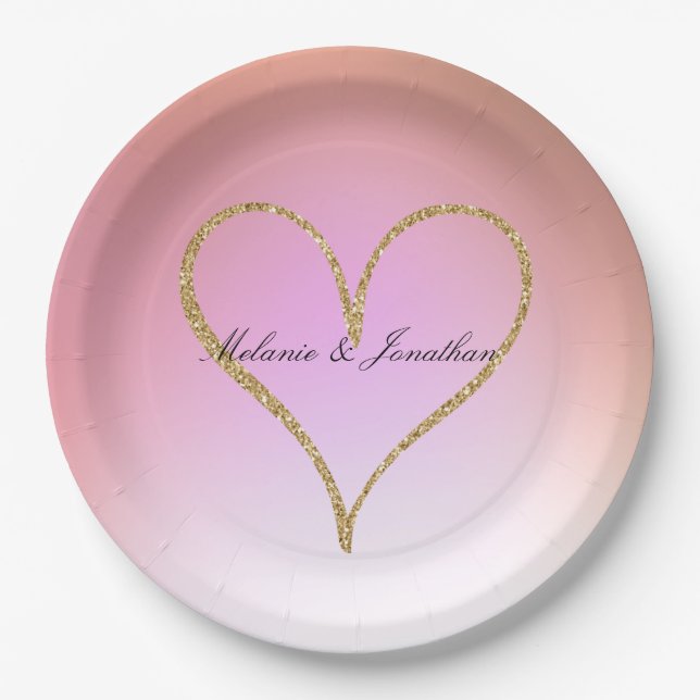 Gold Glitter Heart Pink Ombre Paper Plate (Front)