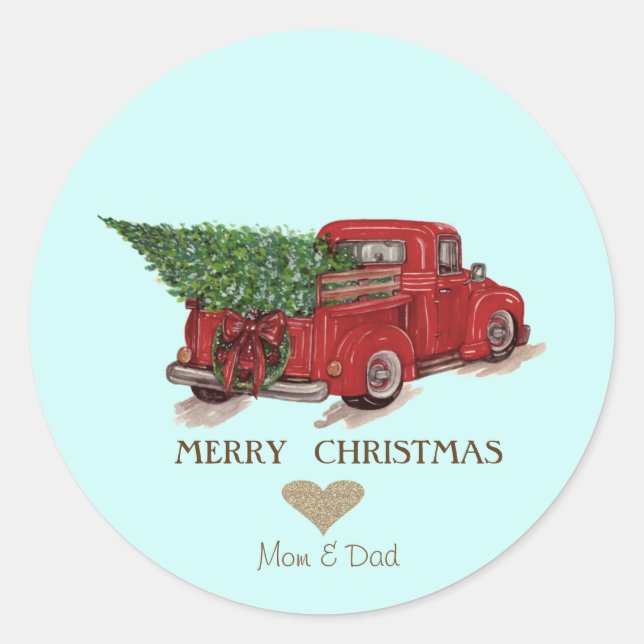 Gold Glitter Heart, Red Truck Pine Tree Christmas Classic Round Sticker (Front)