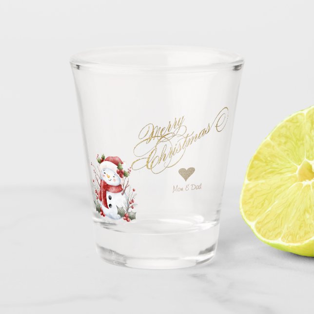 Gold Glitter Heart Snowman Shot Glass (Front)