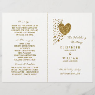 Gold Glitter Heart & Stars Wedding Bi-fold Program
