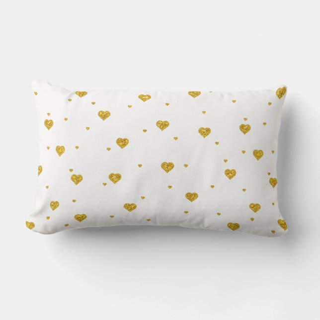 Gold Glitter Hearts Pattern White Background Lumbar Cushion (Front)