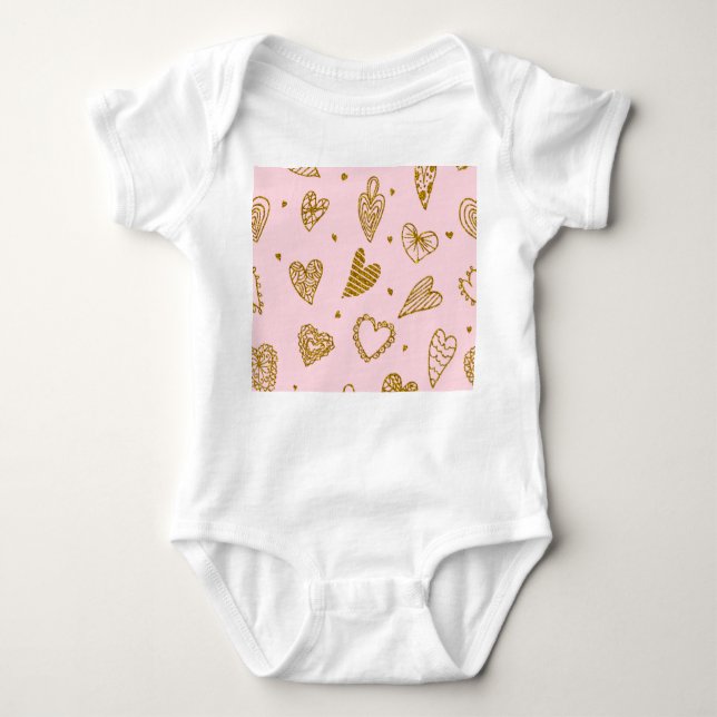 Gold glitter hearts: pink background pattern baby bodysuit (Front)