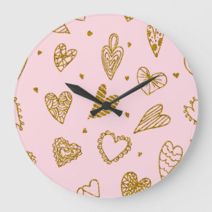 Gold glitter hearts: pink background pattern large clock