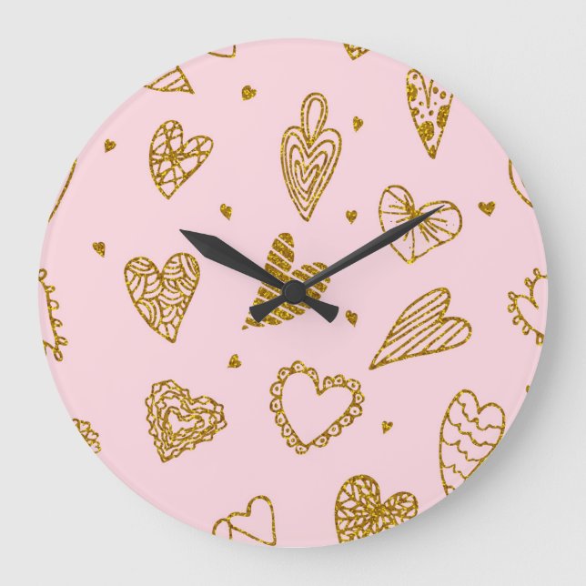 Gold glitter hearts: pink background pattern large clock (Front)