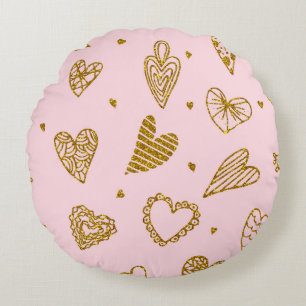 Gold glitter hearts: pink background pattern round cushion