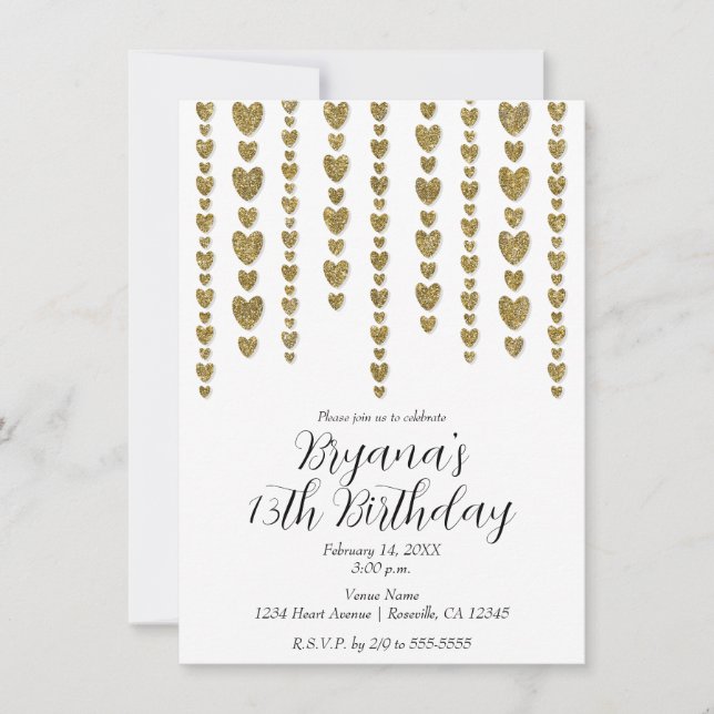 Gold Glitter Hearts Valentine Birthday Party Invitation (Front)