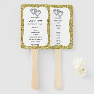 Gold Glitter Hearts Wedding Program Fans