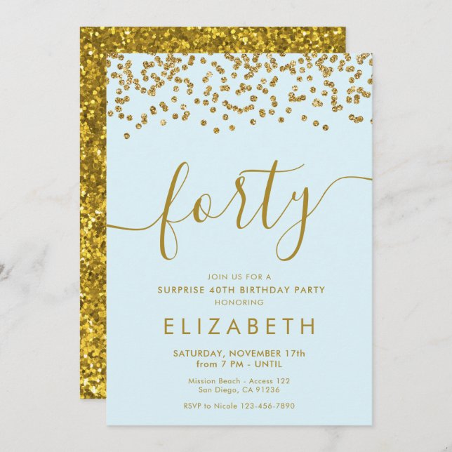 Gold Glitter Hello 40 Fortieth Birthday Invitation (Front/Back)