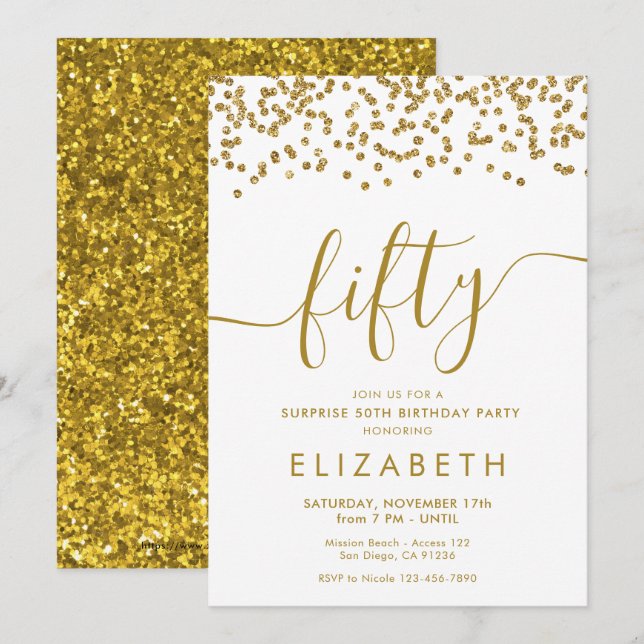 Gold Glitter Hello 50 Fiftieth Birthday Invitation (Front/Back)