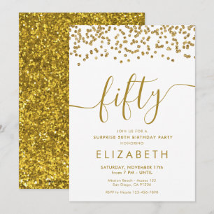 Gold Glitter Hello 50 Fiftieth Birthday Invitation