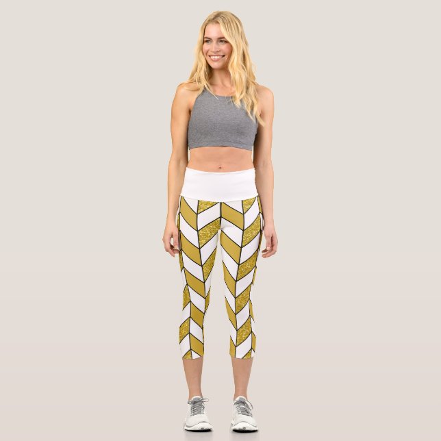 Gold Glitter Herringbone Chevron Capri Leggings (Front)