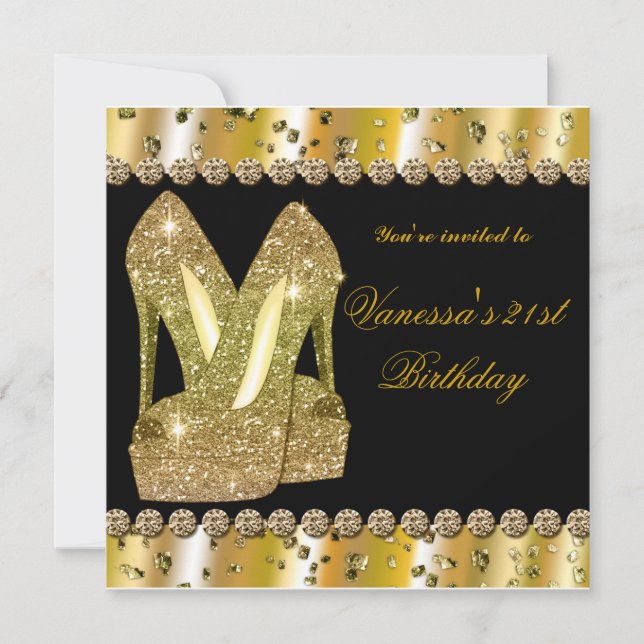 Gold glitter high heels birthday party invitation (Front)