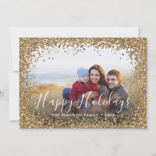 Gold Glitter Holiday Script Photo Frame Card