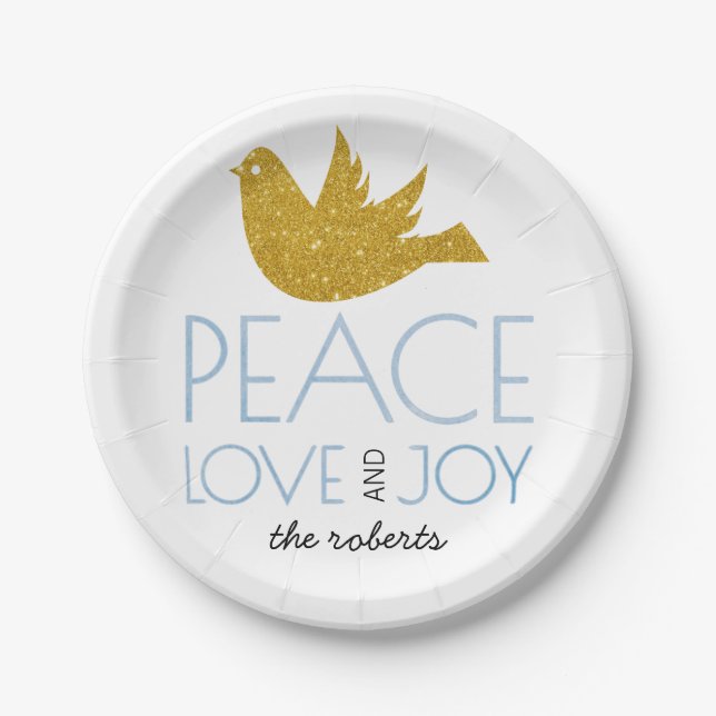 Gold glitter holly berry Joy Love Peace Christmas Paper Plate (Front)