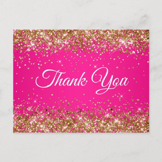 Gold Glitter Hot Pink 21st Birthday Thank You Postcard (Front)
