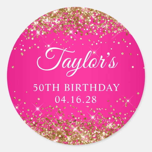 Gold Glitter Hot Pink 50th Birthday Classic Round Sticker (Front)