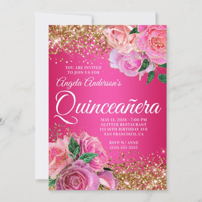 Gold Glitter Hot Pink Floral Glam Quinceañera Invitation (Front)