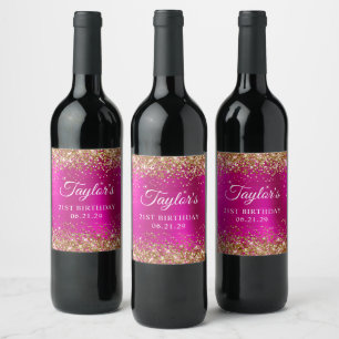 Gold Glitter Hot Pink Foil 21st Birthday Wine Label