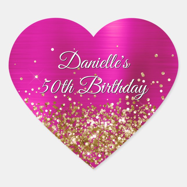 Gold Glitter Hot Pink Foil 50th Birthday Heart Sticker (Front)
