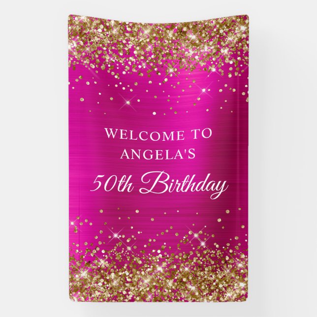 Gold Glitter Hot Pink Foil 50th Birthday V Banner (Vertical)