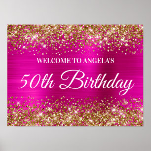 Gold Glitter Hot Pink Foil 50th Birthday Welcome Poster