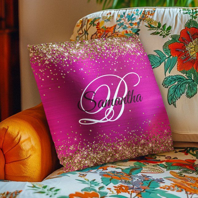 Gold Glitter Hot Pink Foil Fancy Monogram Cushion (Gold Glitter Hot Pink Foil Fancy Monogram Throw Pillow)