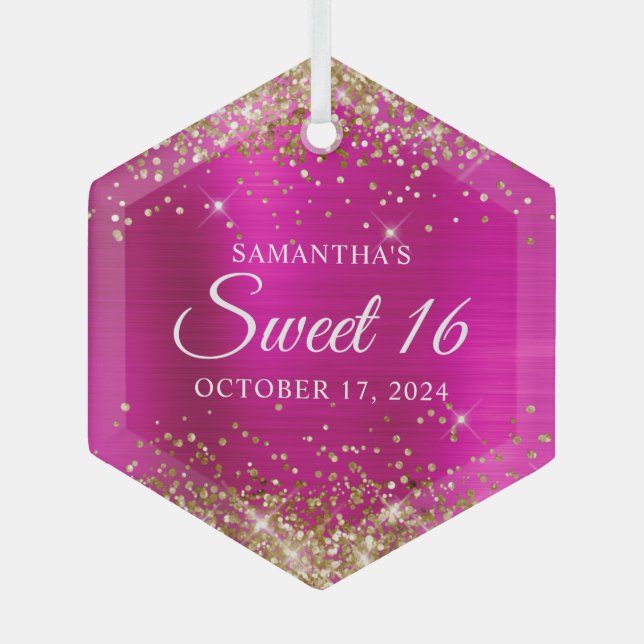 Gold Glitter Hot Pink Foil Sweet 16 Glass Tree Decoration (Front)