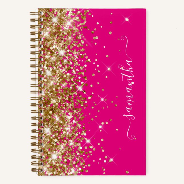 Gold Glitter Hot Pink Modern Girly Signature Notebook (Front)