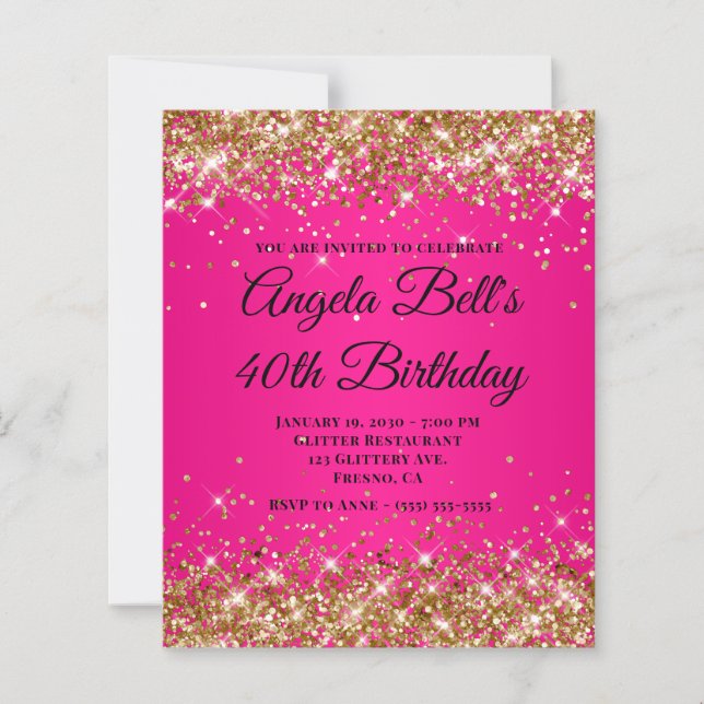 Gold Glitter Hot Pink Ombre Fancy Monogram 40th (Front)