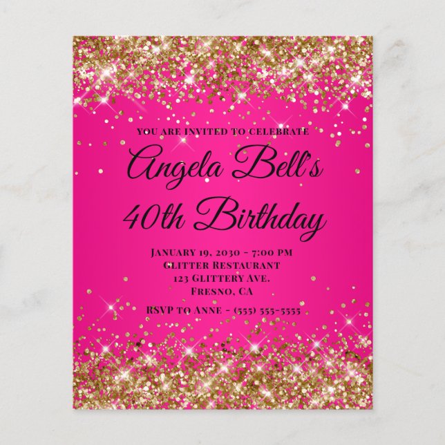 Gold Glitter Hot Pink Ombre Fancy Monogram 40th Flyer (Front)