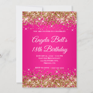 Gold Glitter Hot Pink Ombre Monogram 18th Birthday Invitation