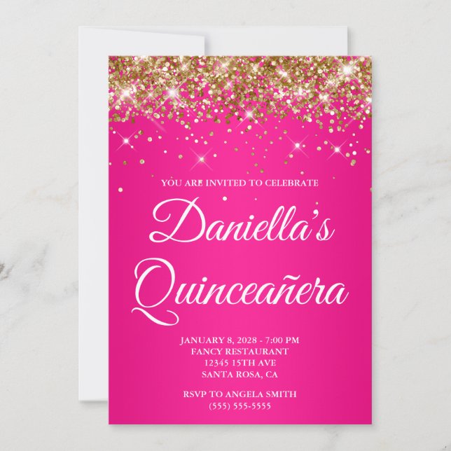 Gold Glitter Hot Pink Ombre Quinceañera Invitation (Front)