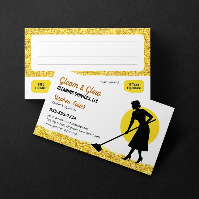 Gold Glitter House Cleaning Janitorial Service Business Card (Creator Uploaded)
